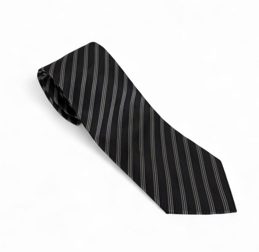 Stafford Tailored Culture Mens Tie Black Gray White Striped Polyester Necktie